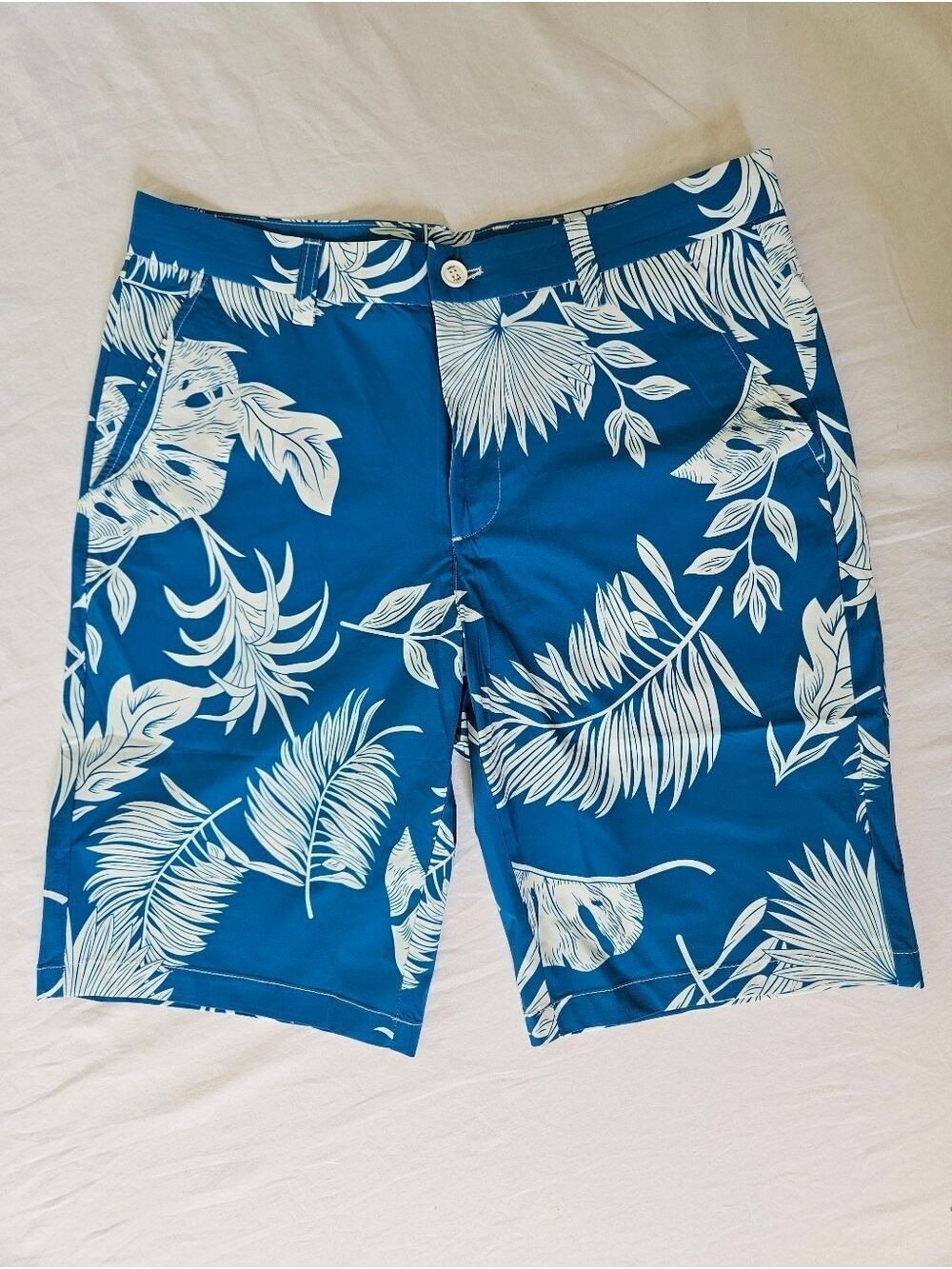 NWT Size 32 Snover Menswear Teal Blue Tropical Print Golf Shorts Zipper Pockets